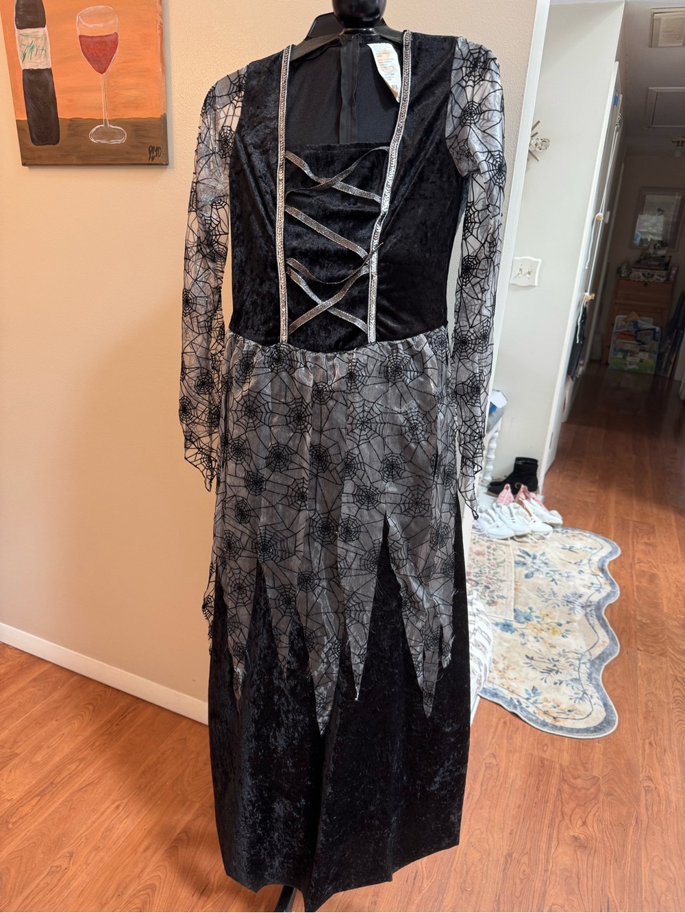 Black Spiderweb  Gothic Halloween Witch Maxi Dress, tulle weather lined M 8/10